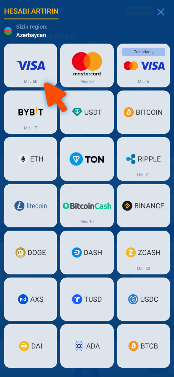 Mostbet kazinosunda bonus qazanmaq üçün depozit üsulunu seçin.